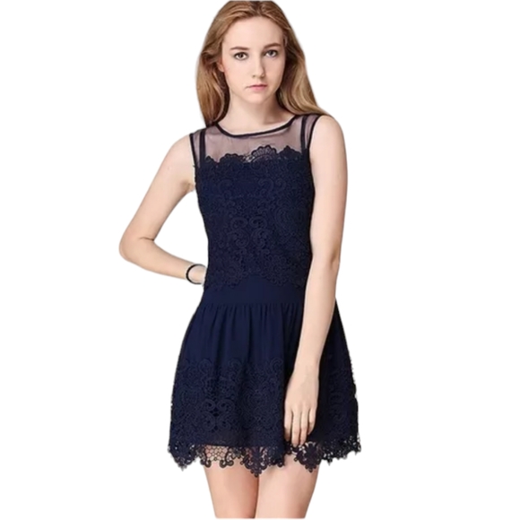 Es. Feel Dark Blue Lace Sleeveless Bridal Prom Formal Short Dress - Picture 10 of 10